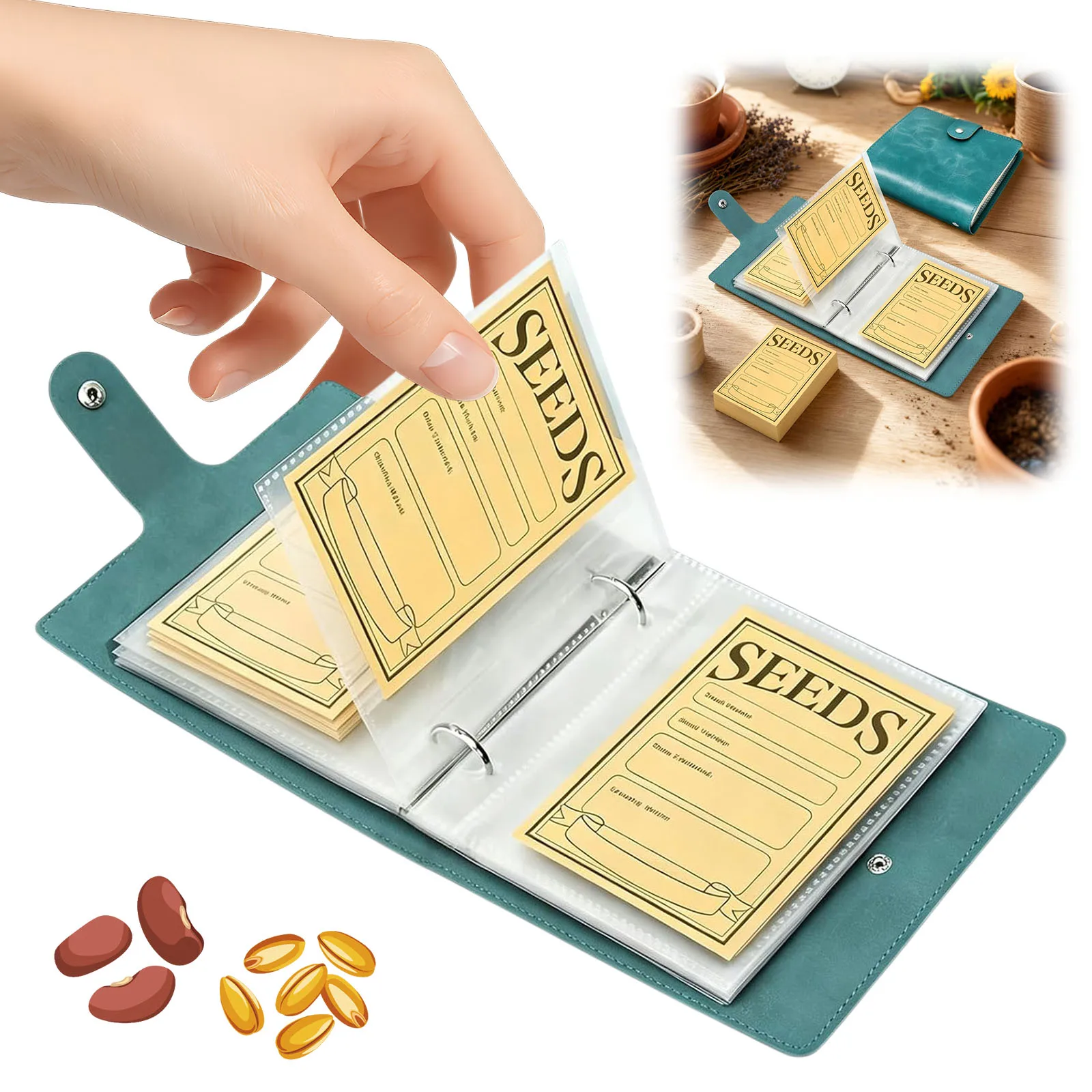 Dual-Ring Seed Packet Organizer PU Leather Binder With 50 Resealable Kraft Envelopes For Garden Seeds Conllection Storage