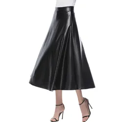 Autumn Winter New 2024 Faux PU Leather Pleated Long Skirts for Women High Waist All-match Umbrella Chic Skirts Female