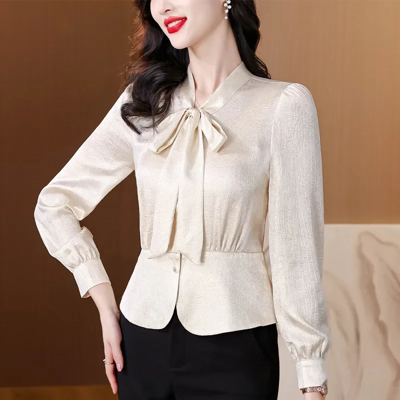 

Women's Champagne Satin Blouse with Bow Tie Neck Elegant Peplum Top