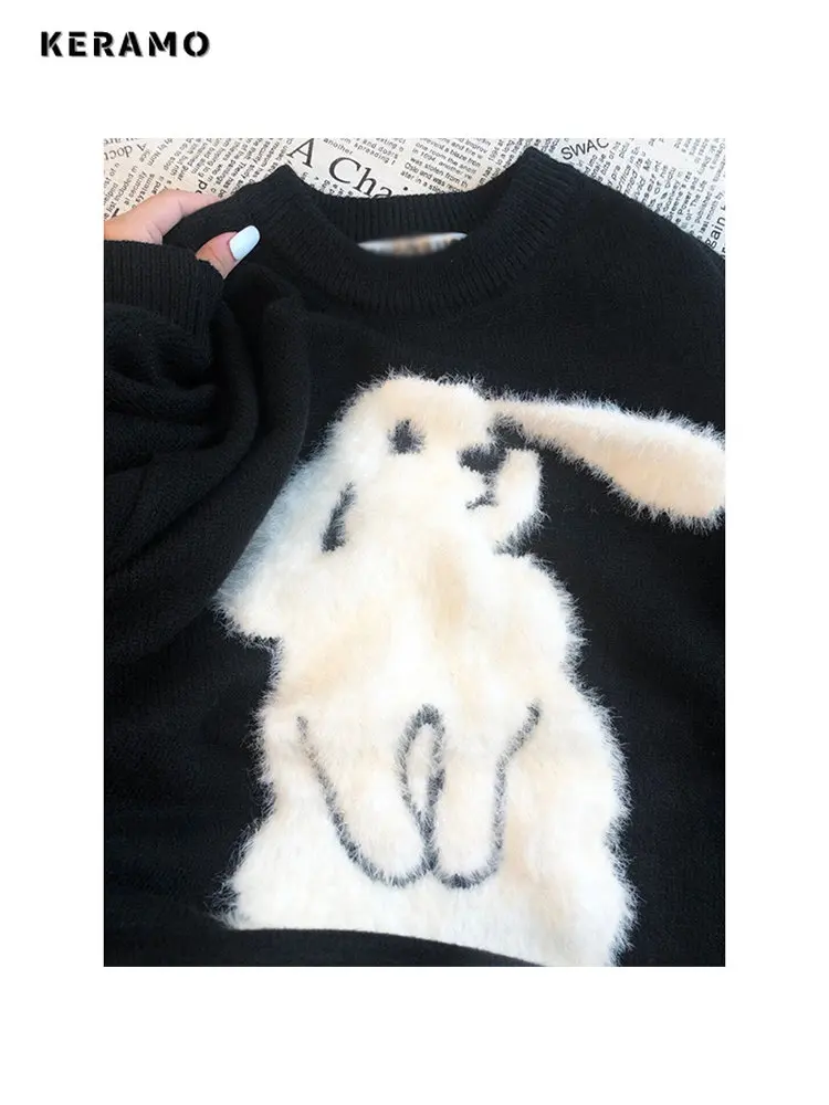 Autumn Winter Women Harajuku Retro Cartoon Cartoon Rabbit Knitted Sweater Oversize Jumper Thick Sweater Pullover Sweater Y2K