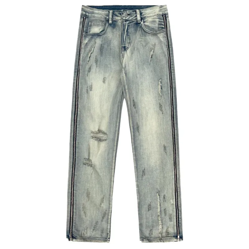 Vintage Blue Jeans Men Y2K Solid Color Ripped Straight Pants Button Pocket Washed loose Trousers A161