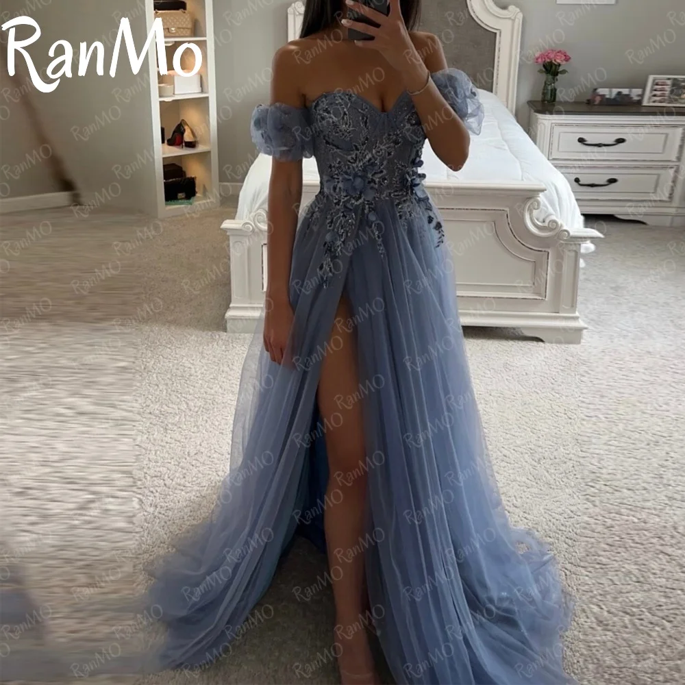 

Ranmo New Blue Sweetheart Evening Dress Appliques Party Dress For Wedding Special Occasion Dress with Side High Split Customized