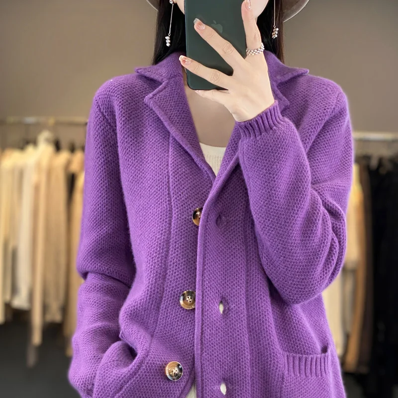 Autumn and Winter New Women\'s Cardigan Lapel 100% Australian Wool Sweater Loose Fashion Knitted Women\'s Cardigan Full Sleeve