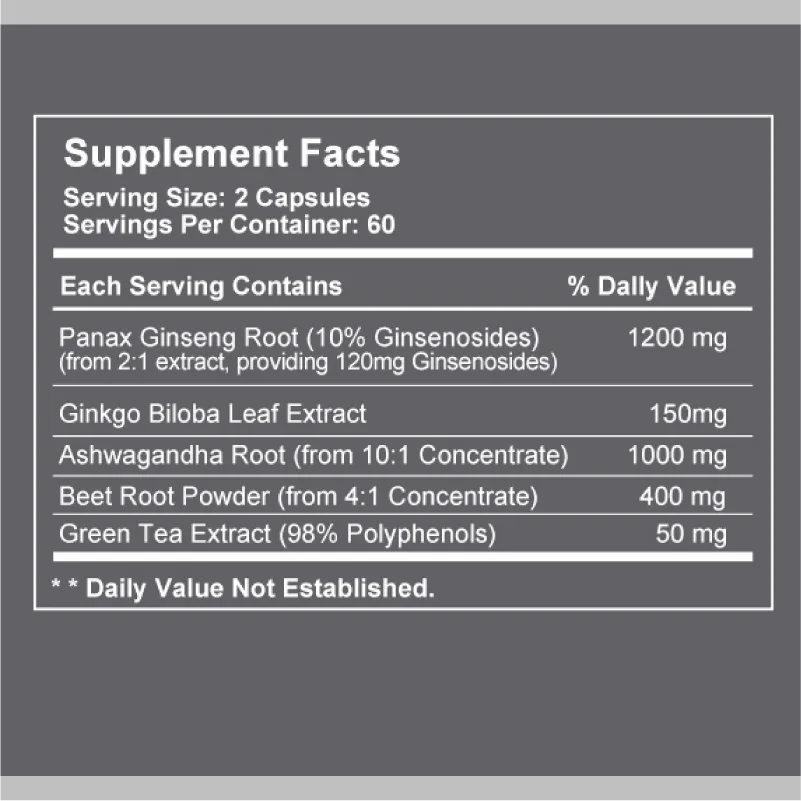 60/120PCS Ginseng Vegetarian Capsules for Energy, Focus, Performance, Vitality & Immune