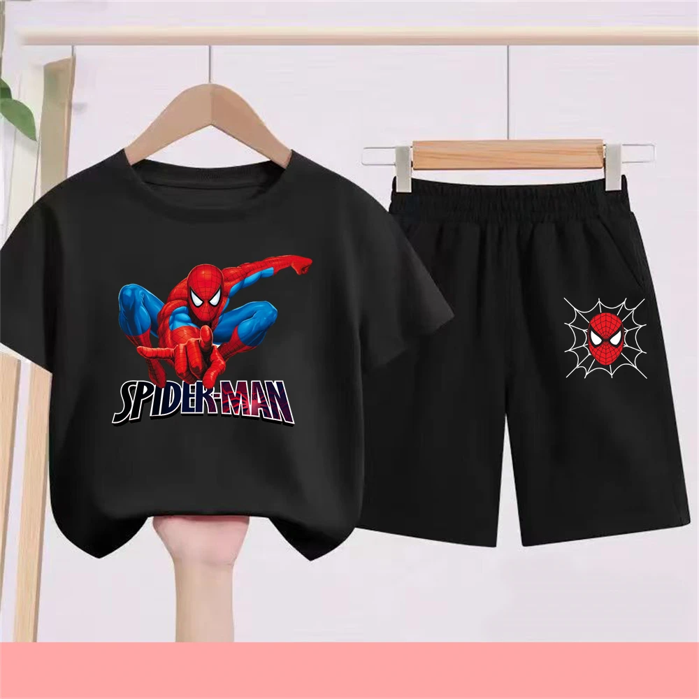 

Summer T-Shirts Suit Spider-Man black Clothes Kid boy Girls Printed Short Sleeve Top Shorts 2 Pieces Children Tracksuits Set