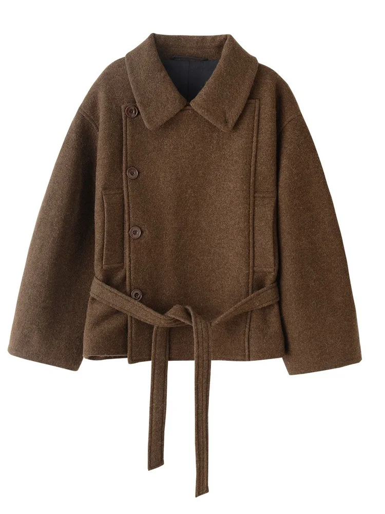 

Pure Lem Sle ort Coat 2W+ Wool And Alpaca Knitted Fabric Peak Lapel ape Design Office Commute Thi Winter Coat for Women