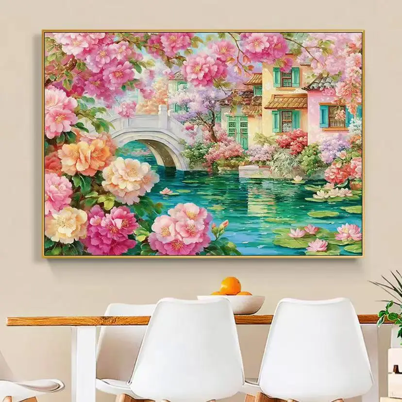 

Flowers Town Printed DIY Kit Cross Stitch 9CT 14ct 38x50cm Embroidery DIY Needlework Crafts With Needles Threads New