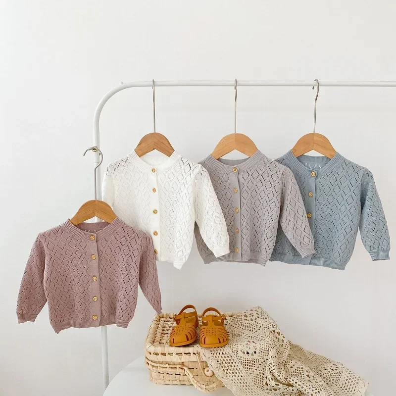 

Spring Summer Baby Cardigan 0-3Years Newborn Kids Boy Girl Solid Color Long Sleeve Hollow Out Knitwear Thin Sweater Clothes
