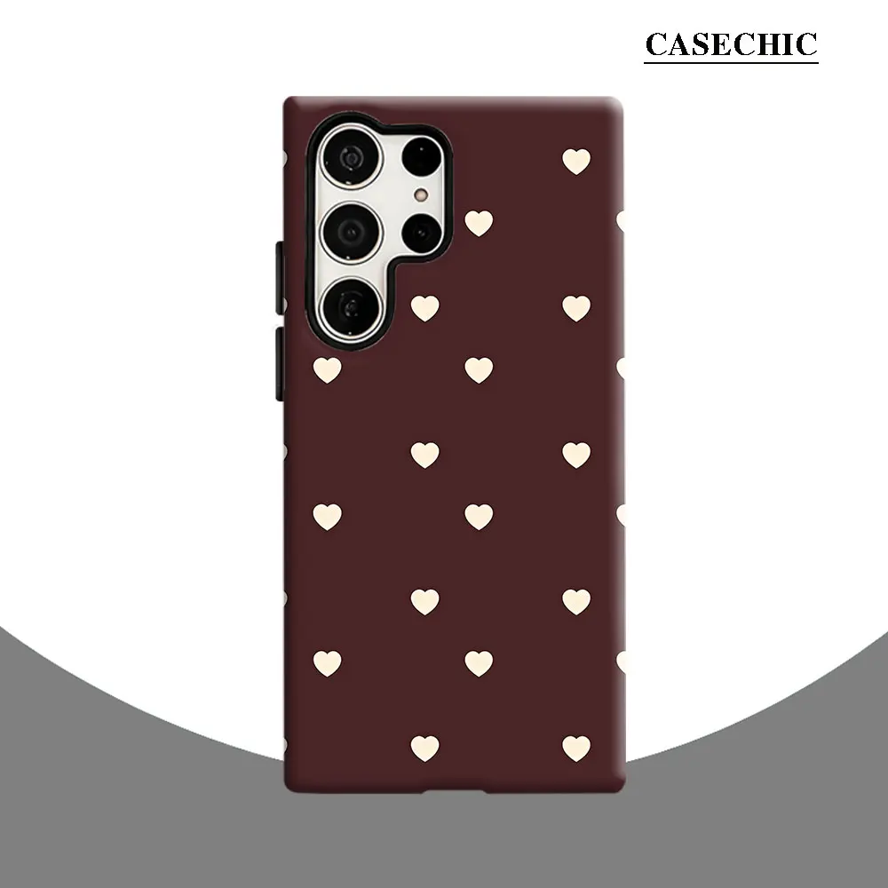 Burgundy Background Cream Heart Phone Case for Samsung Galaxy S26 S25 Ultra S24 S23Ultra Plus Shockproof Double layer Back Cover