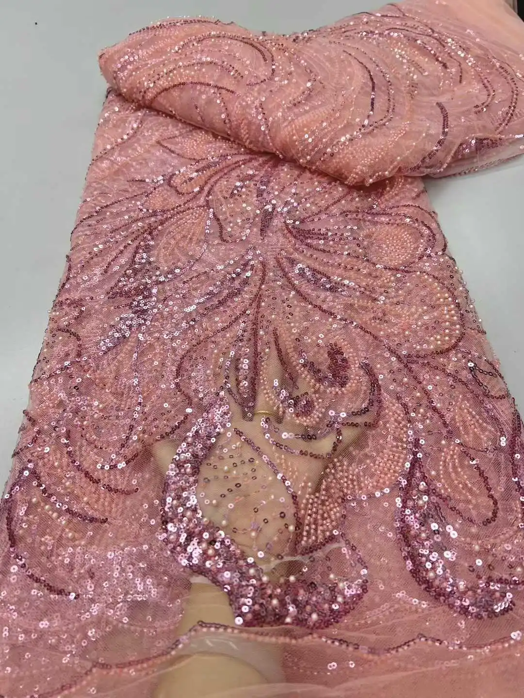 

Elegant French Mesh Bead Embroidery 2025 Pink Sequins Lace Fabric African Nigerian Beaded Lace Fabrics For Wedding Dresses Women