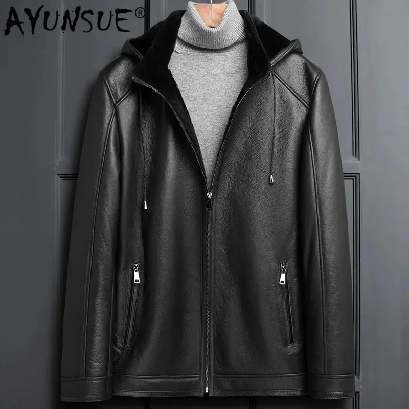 AYUNSUE Men's Leather Jacket Winter Real Fur Coat Genuine Sheepskin Hooded Shearling Men LSY1102 KJ3822