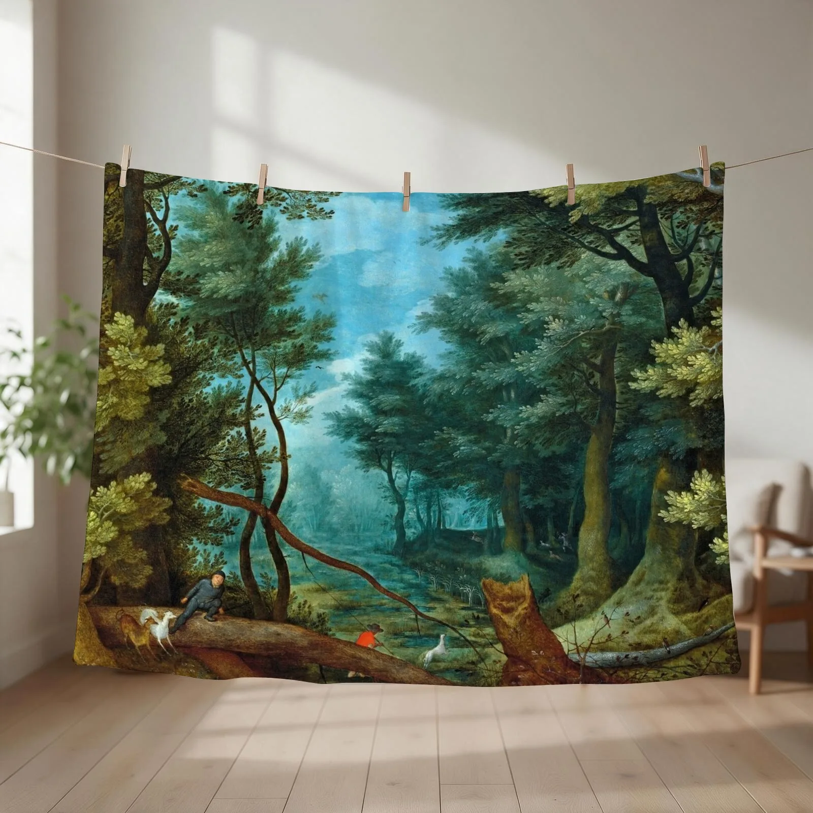 Jan Brueghel the Elder A forest landscape with hunters giving chase to a stag Throw Blanket
