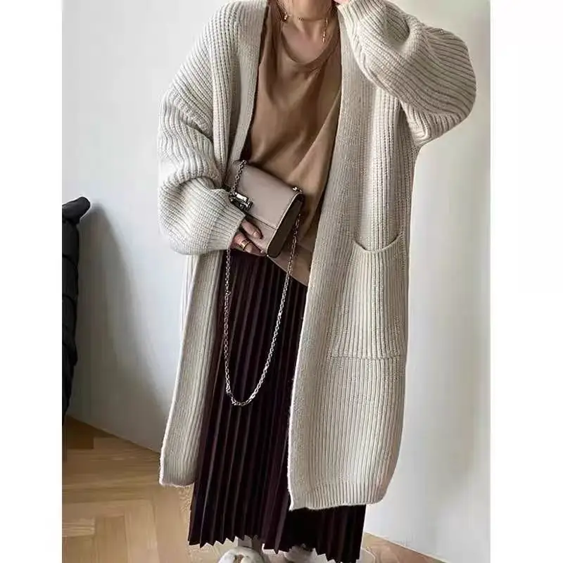 

Women Mid Length Cardigan Sweaters Solid Jumpers V Neck Pockets Long Sleeves Loose Fit Office Lady Casual 2025 Autumn Winter