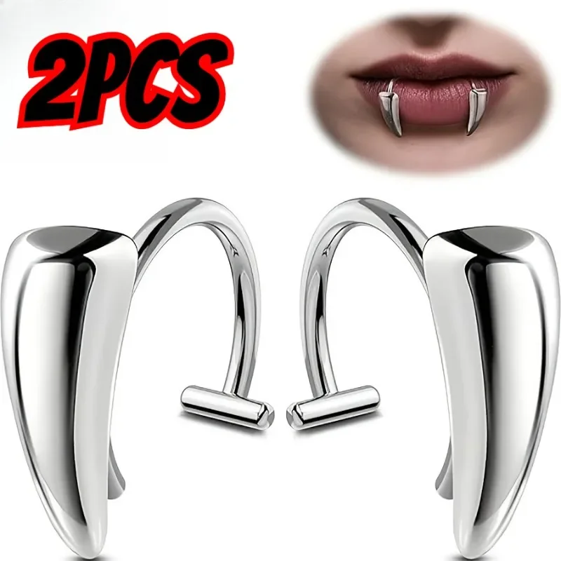 2Pcs Halloween Horror costume props/accessories- Fake Lip Rings - Vampire Fangs Adjustable No-Piercing Stainless Steel Unisex