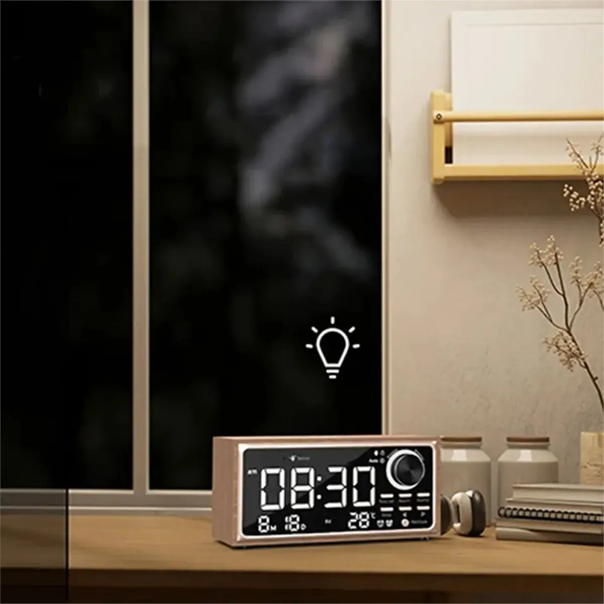 【BRILLIANT 】Solid Wood Clock Vintage FM Radio Wireless Charging LED Display Dimmer Control Calendar for Bedroom Desktop