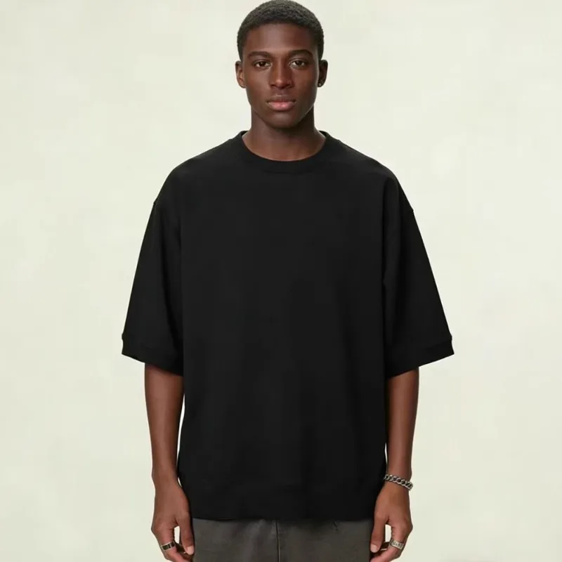 26SS Men‘s Oversized Drop Shoulder T‑Shirt Solid Heavyweight Cotton Short Sleeve Top Loose Couple Streetwear Tee with Ribbed Hem