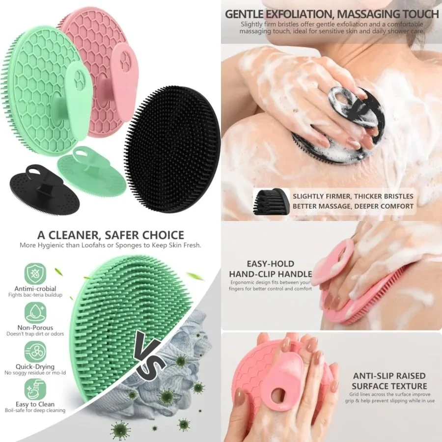

Silicone Body and Face Scrubber Set 5 Pack, Shower Bath Scrubber, Gentle Exfoliating Brush for Women Men Sensitive Skin, More Hygienic Than Traditional Loofah, Long Lasting, Black+Pink+Green