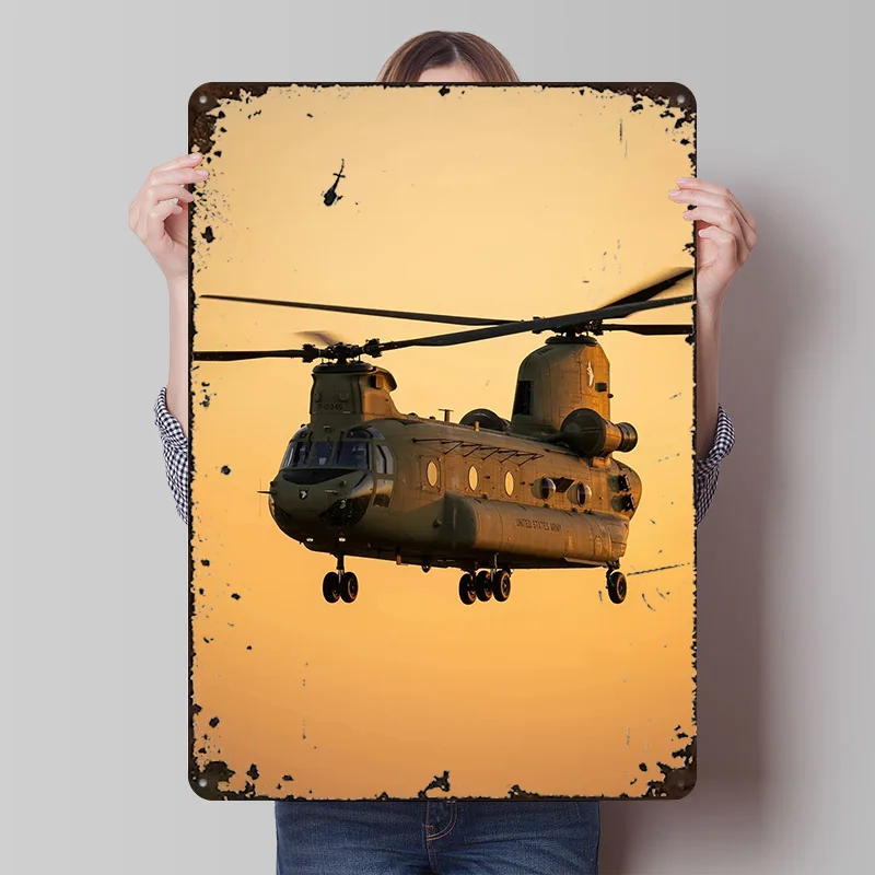 US Army Chinook Helicopter At Sunset Printed Poster Customized Retro Wall Art Vintage Metal Tin Signs for Office Decoration Room
