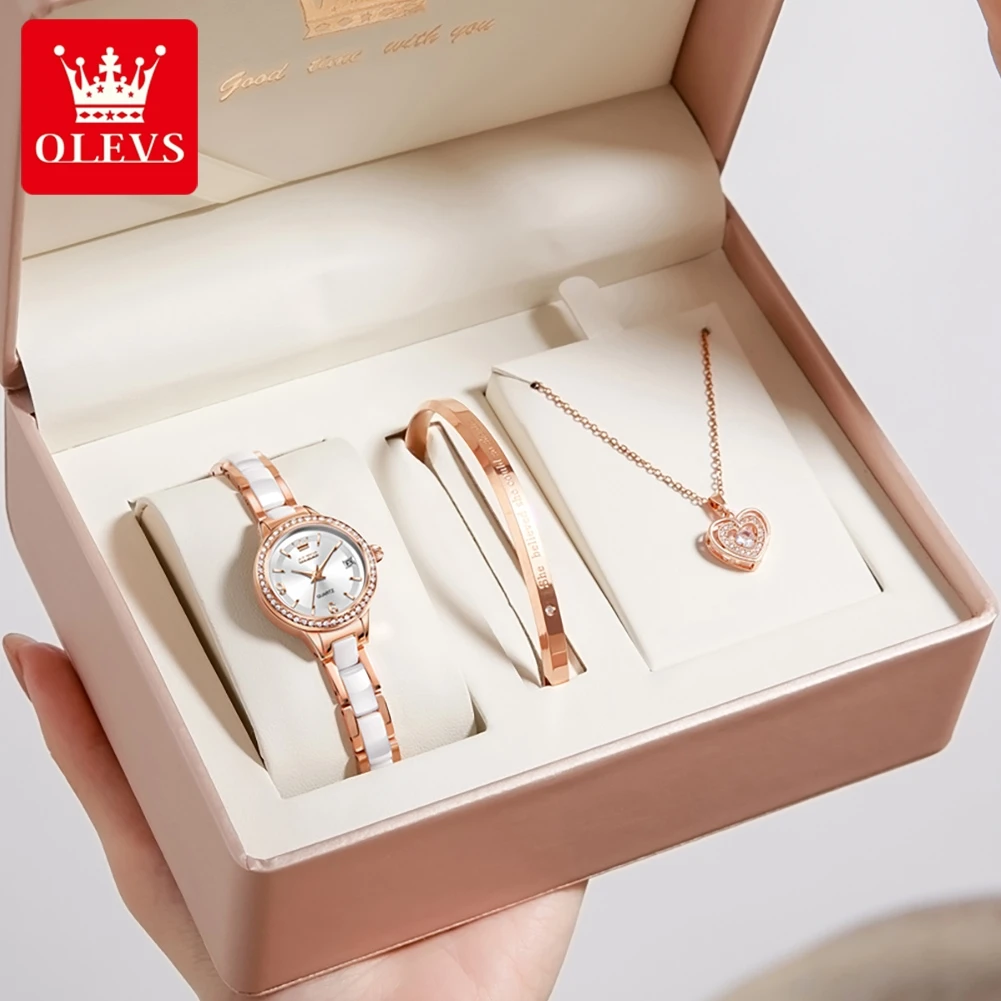 OLEVS 7093 Women Watch Elegant Original Luxury Mechanical Watch Ceramics Waterproof Watch Set Gifts Box High Quality Brand