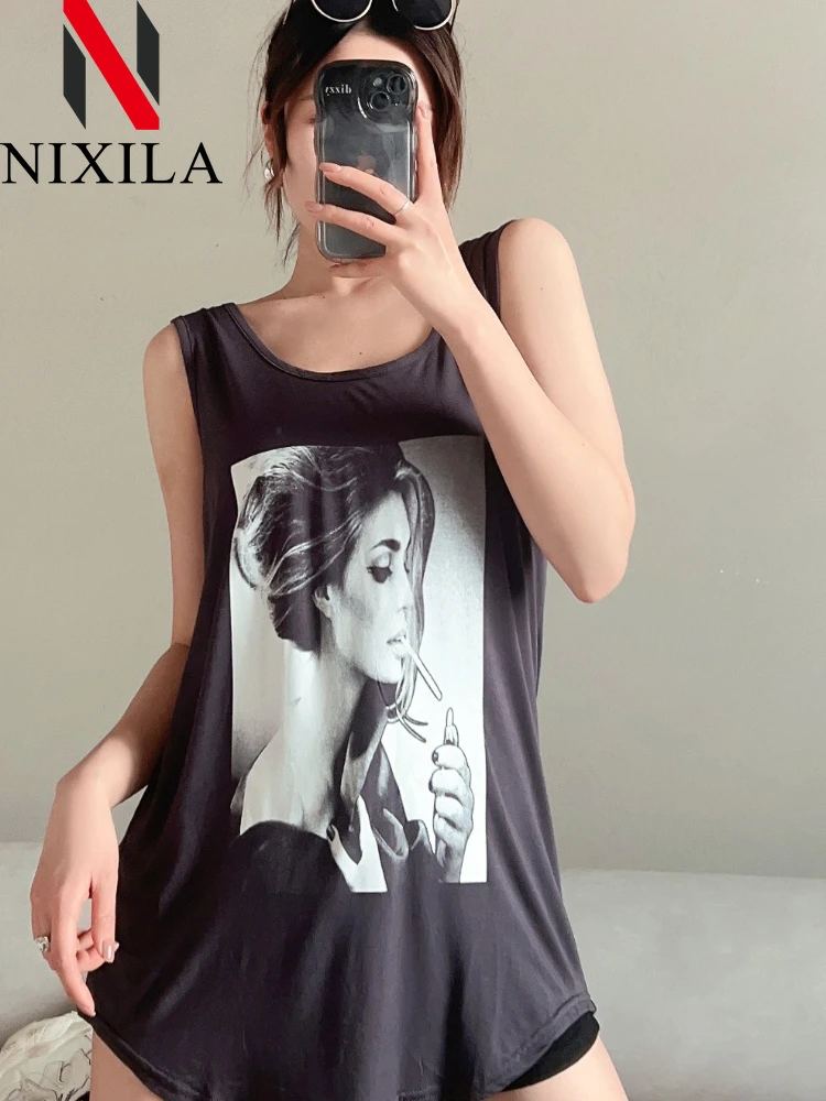 

Spring Summer Women Long Tank Tops O-Neck Fashion Print Beauty's Head Casual Loose Sleeveless T-shirt Streetwear Female Dress