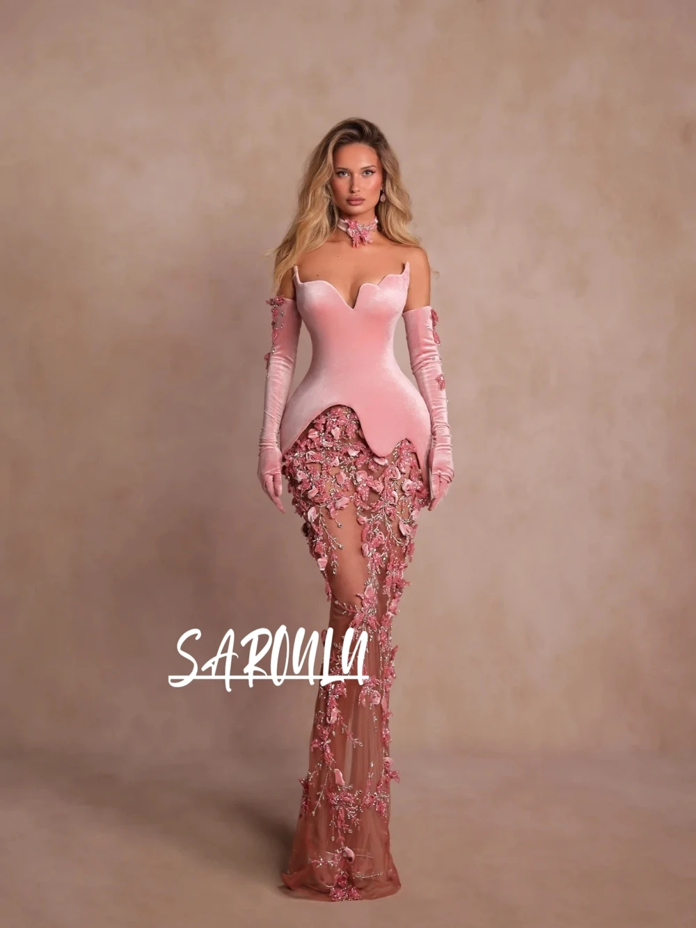 

Chic Pink Velvet Bodice Evening Dress Illusion Bodycon Fit Customized Prom Gown Newest Romantic Sexy Exquisite Party Wear