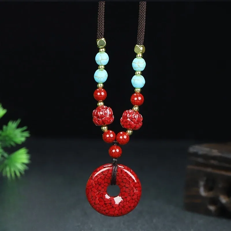Natural Crystal Sand Safety Buckle Pendant, Turquoise Lotus Cinnabar Necklace.