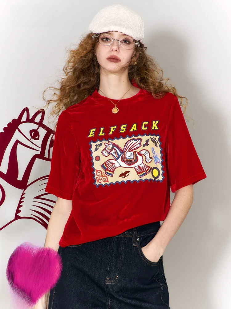

Velvet ort Sve T-irt Women's Winter Inner Wear New Year's Robe Red Velvet Casual Loose Fit Polyester Youth Faion