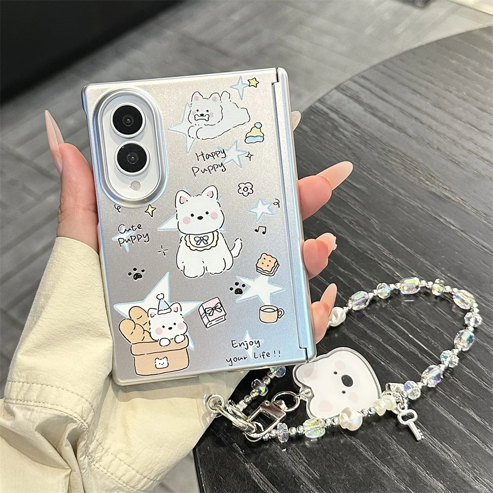 Cute Silver Cartoon Puppy Phone Case For Samsung Galaxy Z Fold8 Star Print Bead Wrist Chain Protection Shockproof Foldable Cover