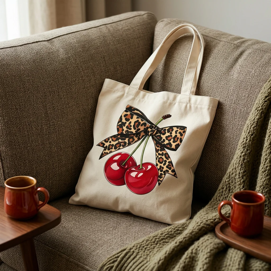 Fashion cherry bow printed shoulder bag large capacity shopping bag is a must-have item for travel, shopping and picnic storage