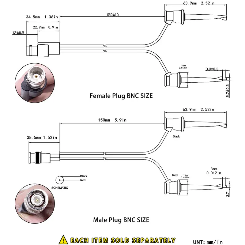 Messleitungssatz für BNC-Stecker oder BNC-Buchse, Oszilloskopsonde, Krokodilklemme, Mini-Testclip, Kabel zum Kabel, flacher Ohrstecker – Detail 7
