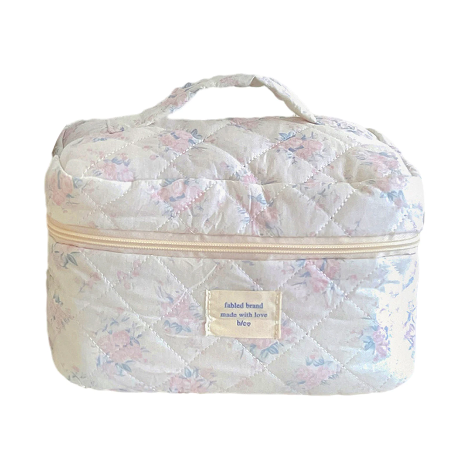 Large Capacity Aesthetic Pink Floral Toiletry Quilted Organizer Bag Cosmetic Case With Handle for Girls Friends Ladies