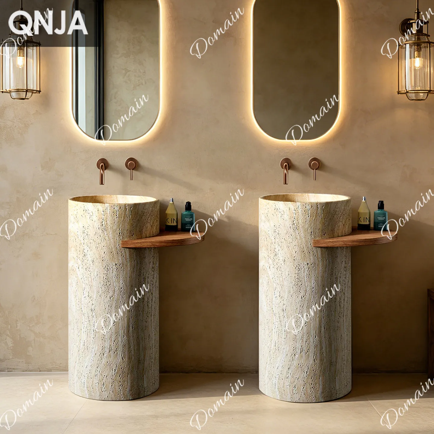 Travertine wash basin designer integrated floor-to-ceiling face wash art creativity with countertop storage column basin