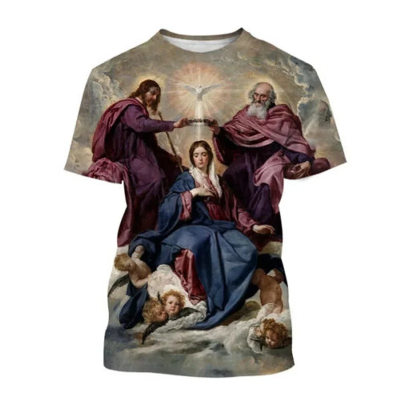 Christian Blessed Jesus God T Shirts Womens Clothing Virgin Mary T Shirt Goddess of Mercy 3D Print T-Shirt Unisex Short Tops