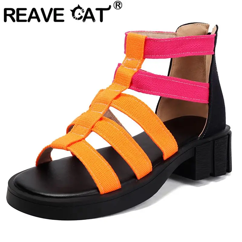 REAVE CAT 2026 النمط الروماني النساء الصنادل جولة تو 4 سنتيمتر كعب سميك سستة مختلط اللون حذاء كاجوال حجم كبير 42 43 44 45 46 #1