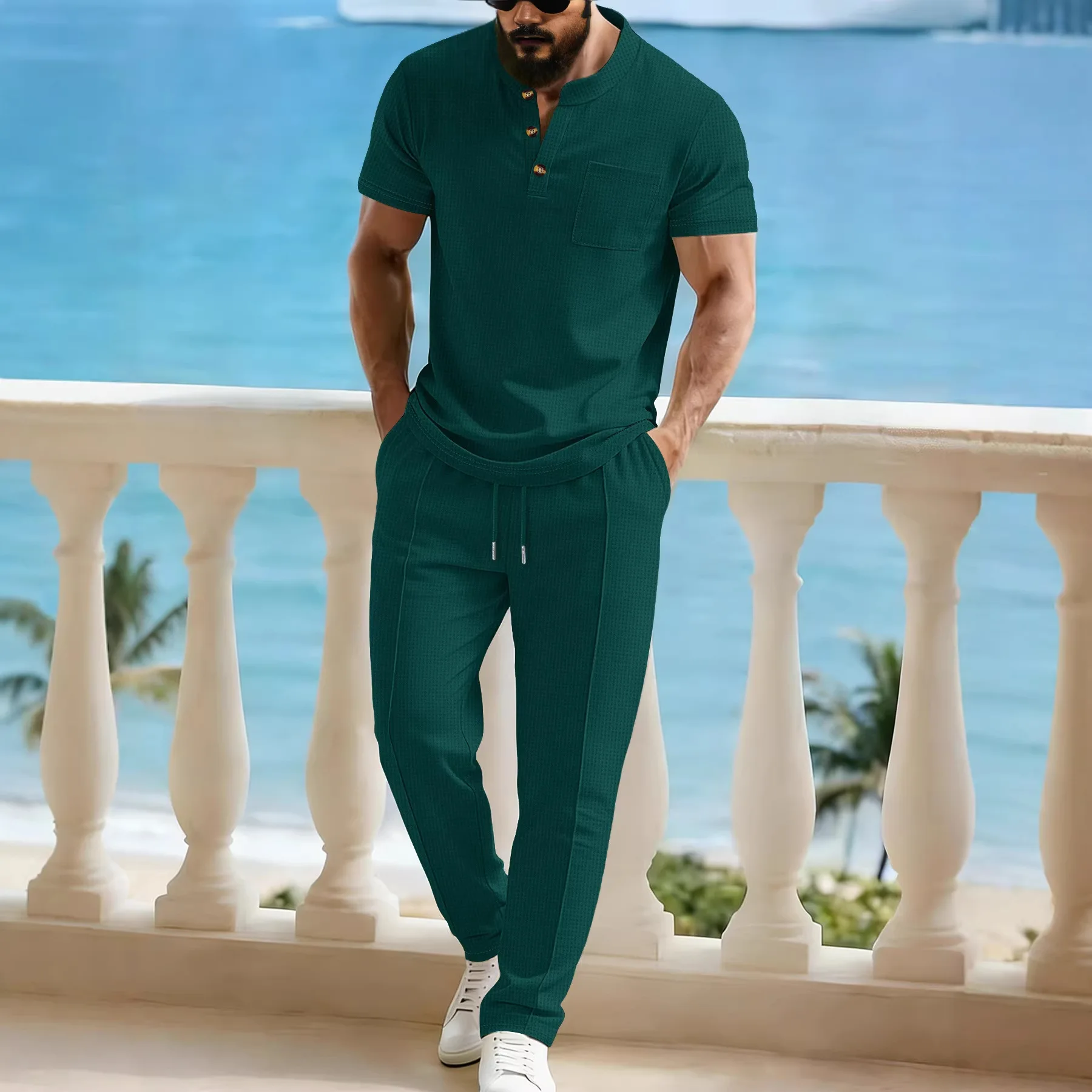 Men's Waffle Knit Two-Piece Suit, Summer Henry Collar Polo Shirt, Short-Sleeved and Laced Pants, Casual Breathable Beachwear
