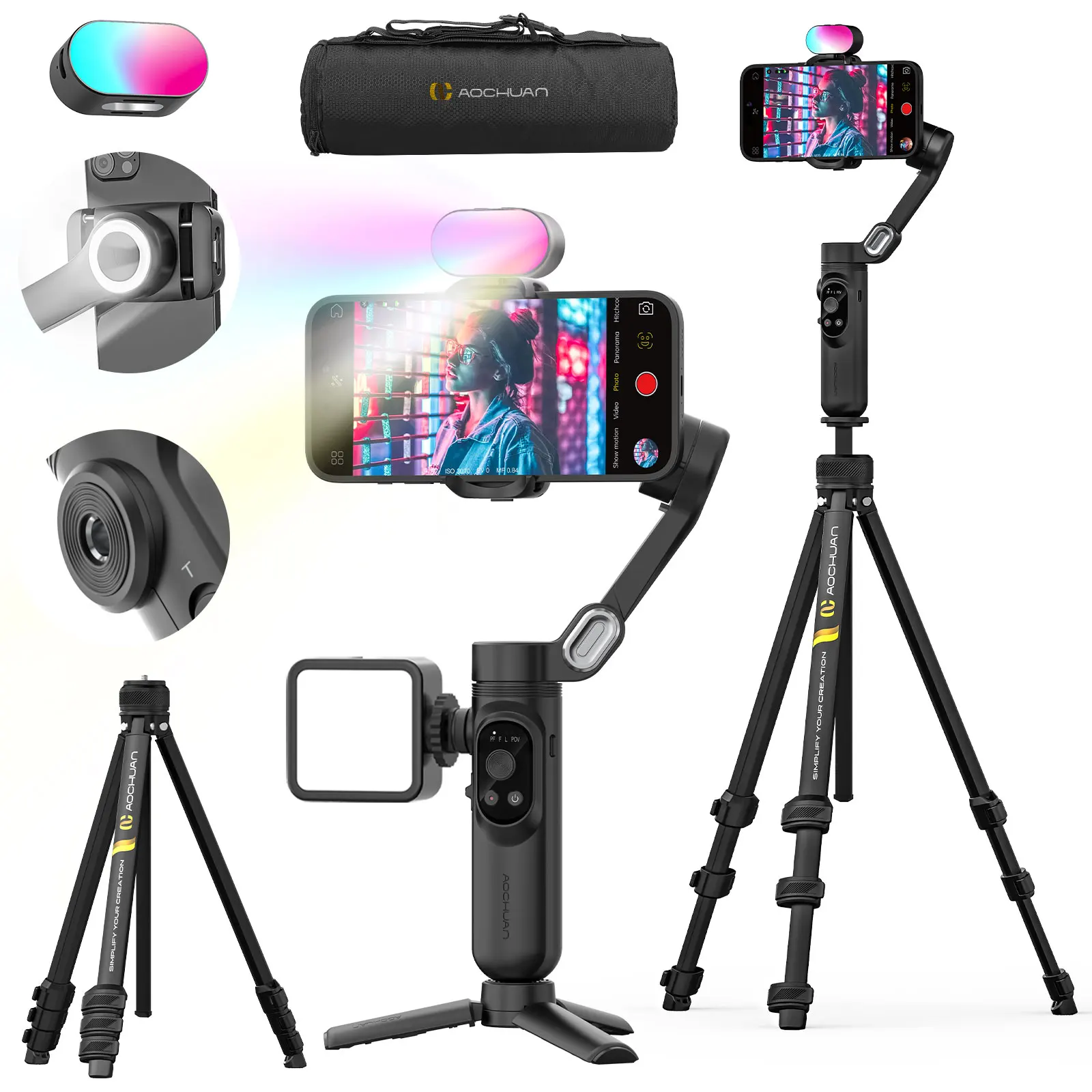 AOCHUAN Smart X Combo completo estabilizador de cardán de mano para iphone y teléfono inteligente Android traje de cardán trípode de pie
