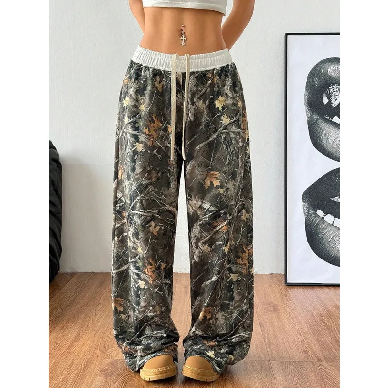 

Floral Printed Spliced Camouflage Straight Hip Hop Sporty Wide Leg Trousers Pants Women Retro Streetwear Elastic Waist Y2K Baggy