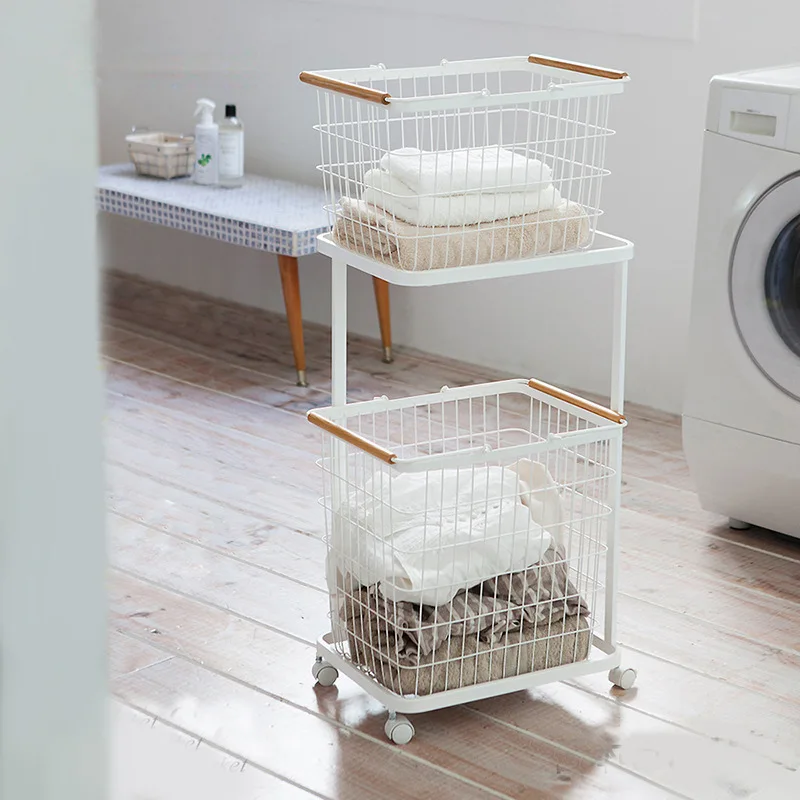 Dirty Clothes Basket Household Wrought Iron Classification Floor Clothes Storage Basket Universal Wheel Cart Storage Basket