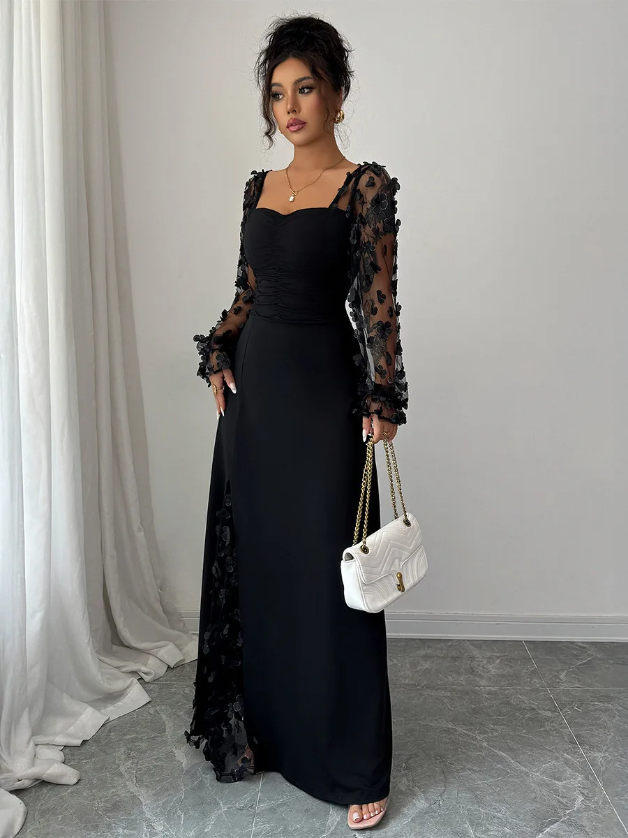 Ele Long Sve Long Dr Women's Faion Bla Lace Slim Fit Evening Gown Square Collar Wedding Par Performance