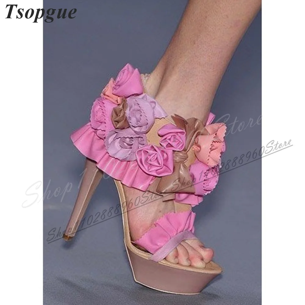 

Catwalk Mixed Flower Decoration Platform Sandals Thin High Heel Shoes For Women Back Zipper Open Toe 2024 Zapatos Para Mujere