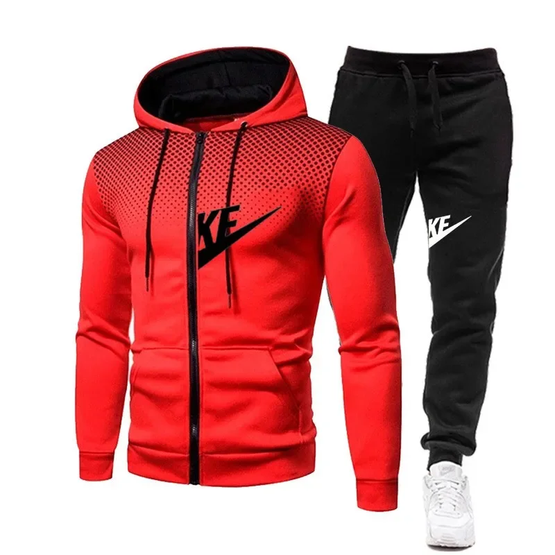 2024 autumn and winter new men's fashion zipper hoodie + trousers two sets of casual warm hooded fitness jogging sportswear suit