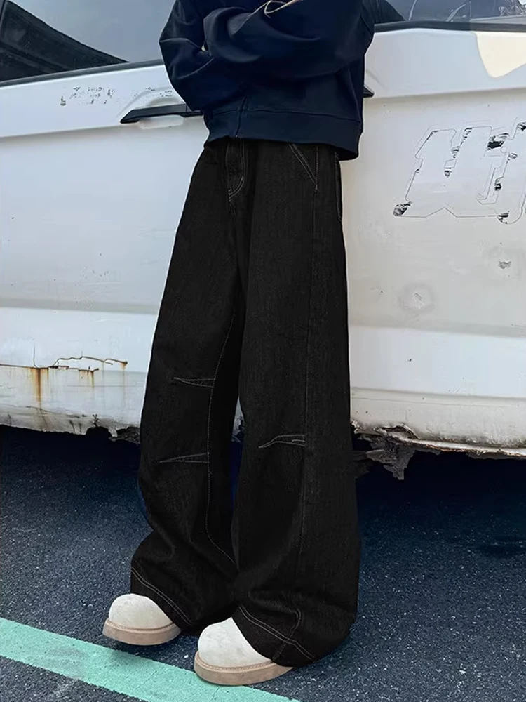 

American Retro Knife Jeans Men's Autumn Winter Trendy Brand Design Loose Straight Folded Pants Wide Leg Long Trousers