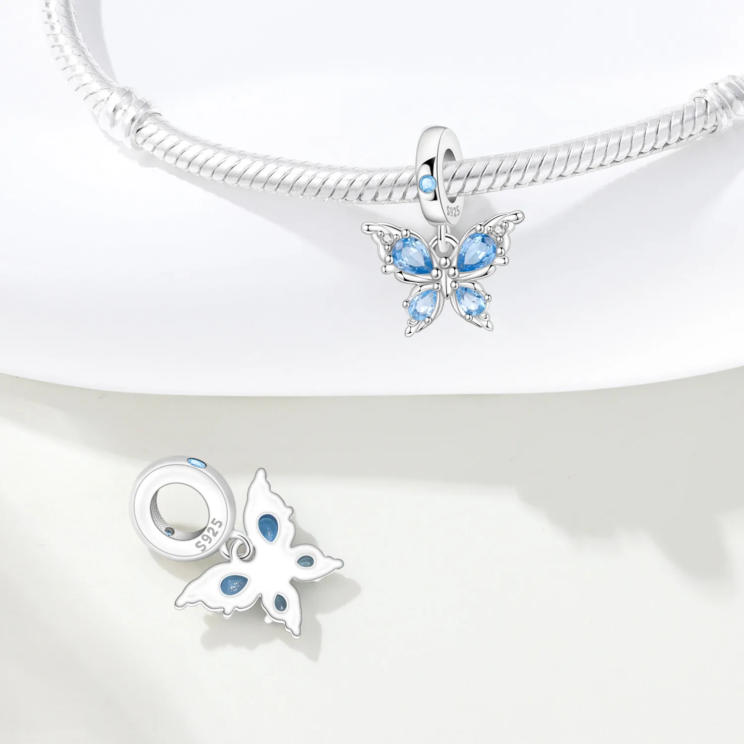 PANPOKI 925 Sterling Silver Blue Zircon Butterfly Insect Charms Beads Pendant Fit DIY Bracelet Necklace Jewelry Souvenir Gifts