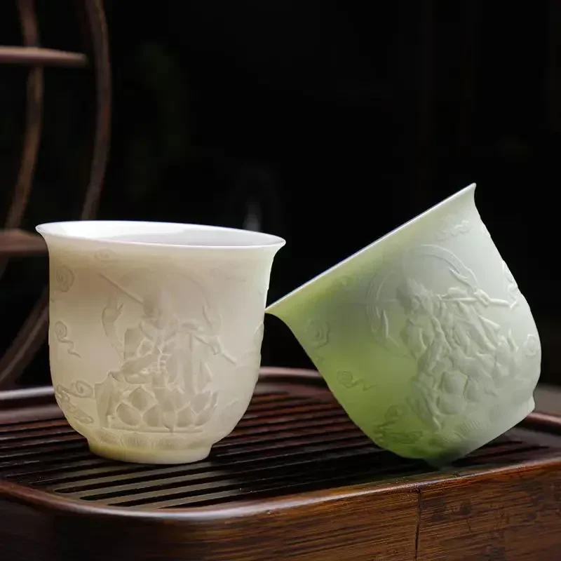 1PC Suet Jade Ceramic Heart Sutra/Hundred Blessings Master Cup Chinese Kung Fu Teacup High-end Houseware White Porcelain Teaware