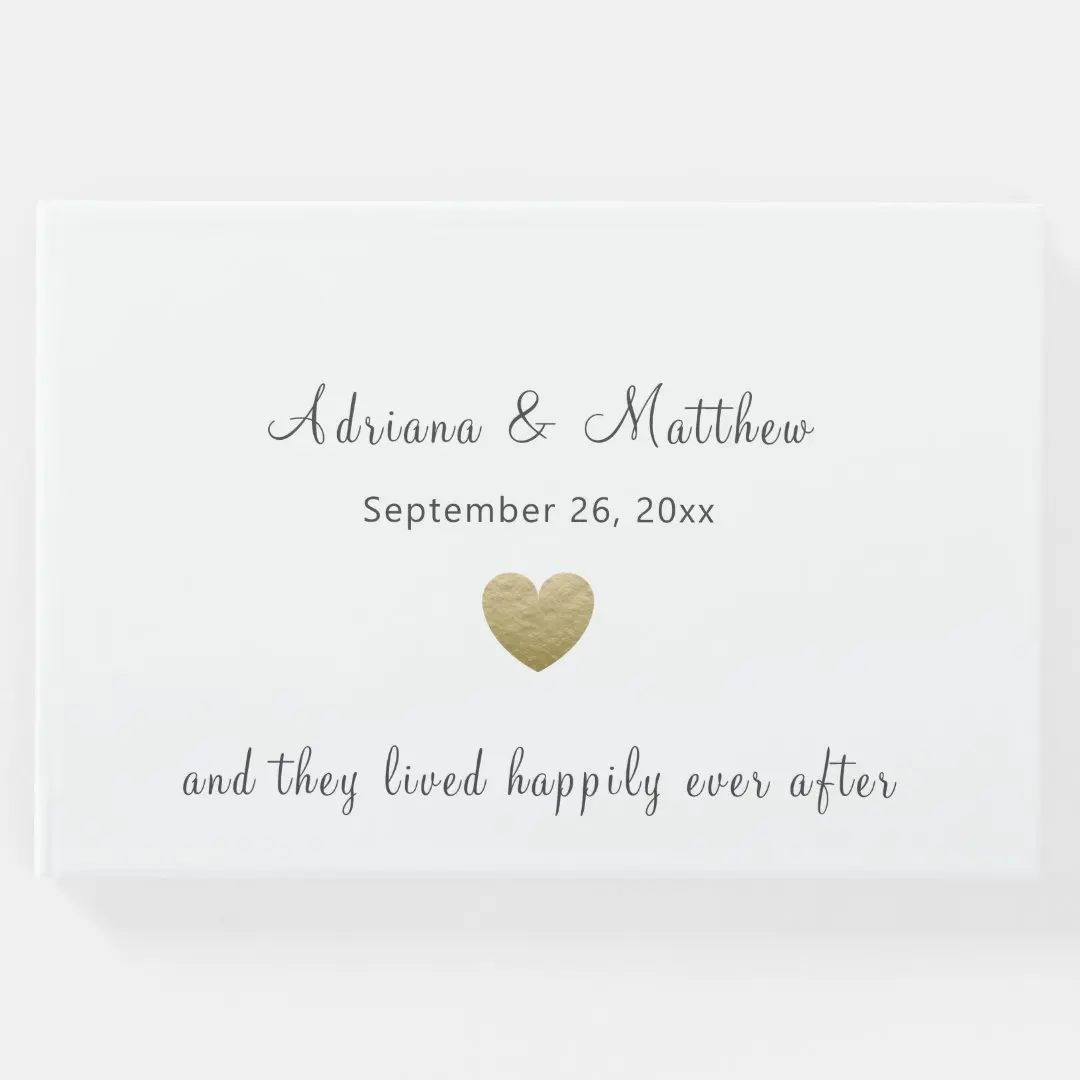 Simple Gold Heart Wedding Guest Book, Modern Wedding Guestbook, Custom Signature Book for Wedding, They Lived Happily Ever After