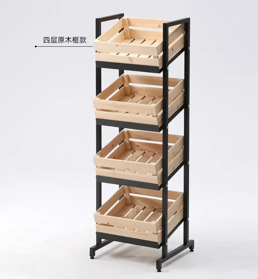 Wheeled fruit display rack vegetable rack solid wood frame fruit and vegetable rack multi-layer red wine display goods