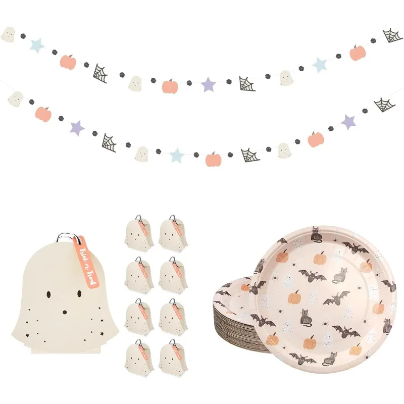 Halloween Party Decor Pastel Ghost Bags Ghost Pumpkin Garlands Paper Plates Pumpkin Ghost Black Cat Bat Halloween Party Banners