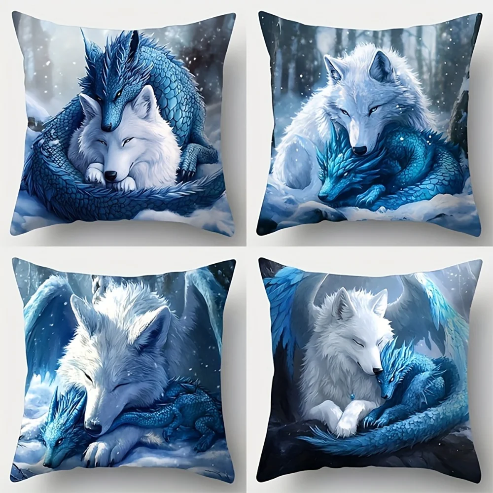 1PC 2D Flat Winter Fantasy Wolf and Dragon Throw Pillow Covers No Pillow Core Unreal Embroidery