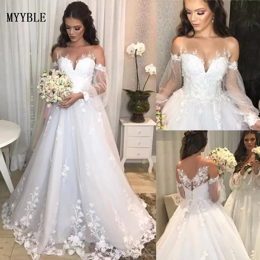 Plus Size Trouwjurk Lange Mouw Kant Applicaties Custom Made Voor Vrouwen Wit Tulle Robe De Mariee A-lijn Charmante Bridal gown