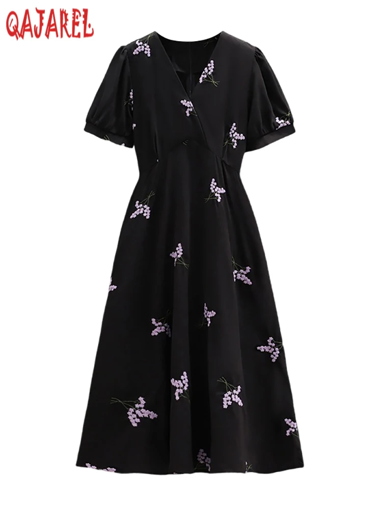 

2024 Black Elegant Embroidery Floral Long Dress Summer Korean Vintage Hepburn Dress Women Bodycon Chic Bandage Party Night Dress